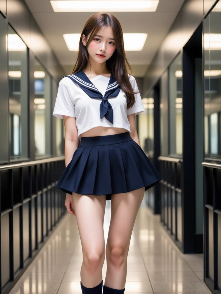 ( a work that can be safely viewed at work :2.0),  photorealistic,  very realistic pictures, Realistic, Perfect composition, Proper placement, Women&#39;s photos:1.331,  Japanese high school sailor uniform at the building concourse:1.21, Short sleeve clothing, White short-sleeved sailor uniform :1.21, sera fuku:1.21, The upper body is a uniform :1.21, navy mini skirt, I can see your belly, Brown Hair,  long hair:1.331, standing, ビルのコンコースで, Cute Japanese Woman:1.21,   Beautiful Japanese Woman's Face:1.21,  clear eyebrows on the rails :1.331, Detailed face,  white skin:1.21, Fine skin,  ray tracing,  dynamic and cinematic lighting ,