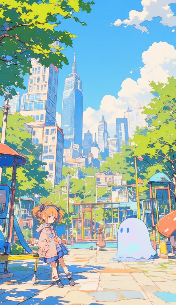 
1girl and 1transparent ghost is playing in the beautiful park with Playground Equipment,chibi,vivid color,high contrast,cute pencil art,thick outline