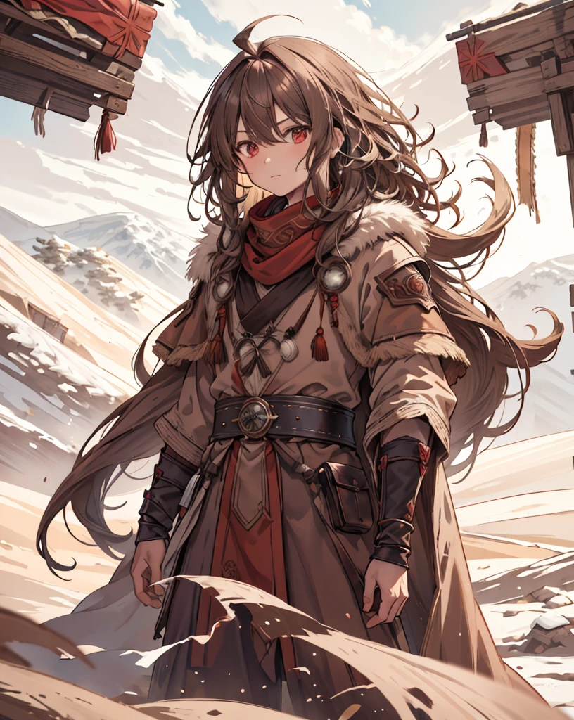 masterpiece, 1men, sparrow, a brown haired men, wearing a mongolian clothes, curly medium hair, messy hair, slim body, wearing villager clothes, he close her left eye, serious expression, red eyes, stand at snowy forest, ahoge, shawl, full armor, beautiful eyes, cute face, MongolPunkAI