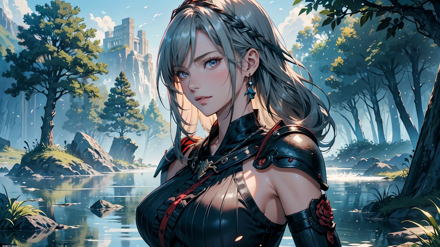 
Fantasy Anime Landscape Portrait: A high-resolution anime-style scene featuring a beautiful 22-year-old female warrior, confident and alone in a lush, open landscape. A striking warrior of goodness, her beauty and charm devoid of any trace of vulgarity. The only character represented in the image, depicted in an upright pose, either from the waist up or in full-body view, facing the viewer with a gentle smile and direct gaze. Long, flowing silver hair framing her face, bright eyes detailed and expressive, exuding strength and charm. Flawless, porcelain-smooth skin complementing delicate facial features, including a refined nose and soft, glossy lips.

An ultra-detailed illustration of a stunning supermodel-quality warrior, reminiscent of the elegance of Milla Jovovich. A captivating Fantasyland background, distant mountains, flowing rivers, and ancient ruins partially hidden by vibrant greenery. A dramatic sky with soft hues, creating vibrant contrast with the lush landscape. Detailed 8K resolution and HDR lighting highlighting her figure against the surroundings, high-contrast shadows adding depth.

Lightweight armor with intricate metal and leather details, showcasing her graceful form. Tattoos of red roses and ancient symbols adorning her arms, reflecting natural beauty and connection to the world around her. The scene capturing the warrior's enchanting appearance and rich details of her environment in an ultra-realistic, Genshin Impact-inspired anime style.

A perfect fantasy anime wallpaper enhanced by a beautiful sunny day in a coniferous forest, an enchanting atmosphere further enriched by soft anime tones and luminism, adding depth to the illustration. A three-dimensional sensation, showcasing the stunning warrior alone in a vast, open world filled with mountains, rivers, and ancient ruins, all captured with extreme detail and vibrant colors.