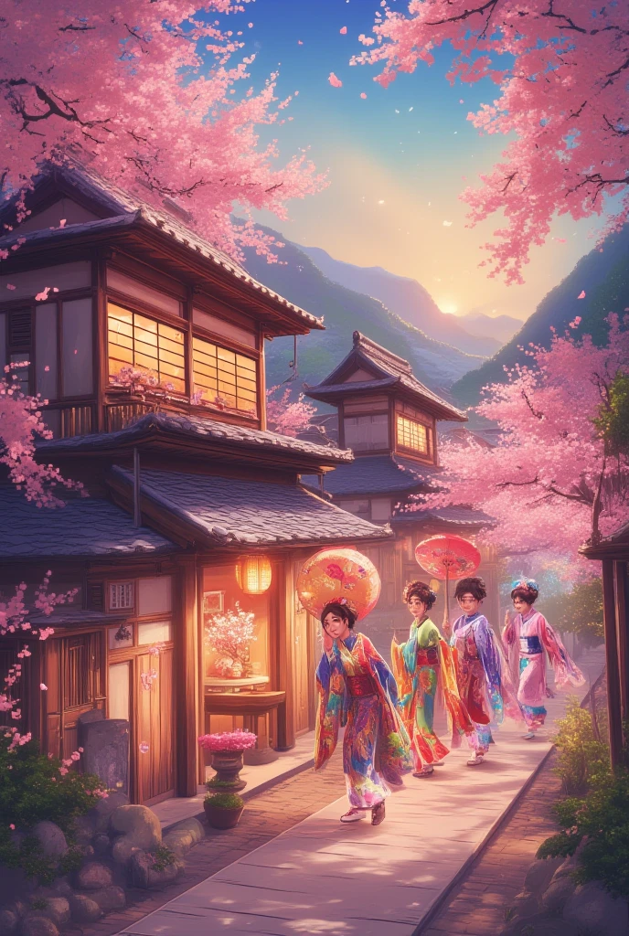  cartoon style :
at dusk,  in front of a charming traditional Japanese tea shop ,  the scenery lights up with the magical softness of the sunset Sun .  The store's façade is made of ancient, dark wood ,  filled with sculpted details and covered by a sloping roof ,  from which small paper lanterns hang slightly in the breeze .  The lanterns , adornadas com kanjis hand-painted,  emit a soft, orange light ,  while the first stars appear in the sky ,  creating a contrast between dusk and the beginning of the night .
 The parade It is composed of Japanese women elegantly dressed in dazzling kimonos .  Her kimonos are luxurious and detailed fabrics ,  with intricate patterns ranging from cherry blossoms to waves ,  birds and mountains ,  in rich shades of sapphire blue , deep red, golden and silver.  Each woman wears traditional hairstyles , as the *Shimada *,  decorated with fresh flowers ,  ornate combs and small gold ornaments that reflect light in small shiny spots.  Some hold delicate fans of paper , hand-painted,  while others carry bamboo and silk umbrellas ,  adorned with patterns that recall the surrounding landscape .
 As they walk ,  cherry blossom petals are blown by the wind ,  creating a pale pink rain that envelops women like an ethereal veil . In the background,  the sky is dyed in layers of gold and orange ,  with a light mist rising in the distance in the mountains ,  bringing a touch of mystery and serenity .  Cherry trees with hanging branches line the path ,  their delicate flowers shining under the reflection of the last sunlight . 
 The soft sounds of taiko ,  the Japanese drum ,  echo in the distance ,  together with the singing of small birds that return to their nests .  The atmosphere is impenetrable infused with the scent of freshly prepared tea and cherry blossoms ,  mixed with the light scent of the surrounding pine trees .  in Each element seems to flow in harmony . 