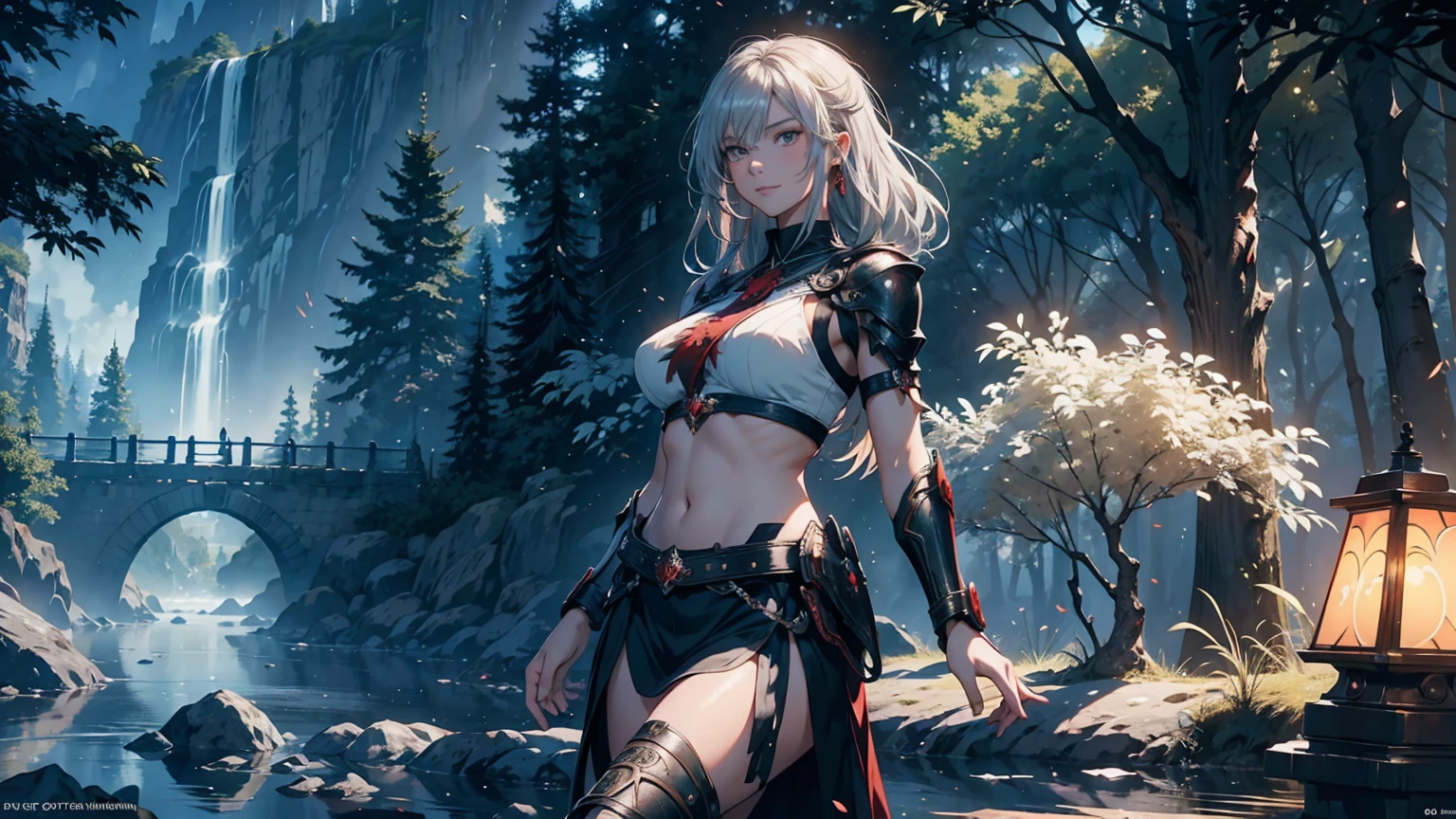 
Fantasy Anime Landscape Portrait: A high-resolution anime-style scene featuring a beautiful 22-year-old female warrior, confident and alone in a lush, open landscape. A striking warrior of goodness, her beauty and charm devoid of any trace of vulgarity. The only character represented in the image, depicted in an upright pose, either from the waist up or in full-body view, facing the viewer with a gentle smile and direct gaze. Long, flowing silver hair framing her face, bright eyes detailed and expressive, exuding strength and charm. Flawless, porcelain-smooth skin complementing delicate facial features, including a refined nose and soft, glossy lips.

An ultra-detailed illustration of a stunning supermodel-quality warrior, reminiscent of the elegance of Milla Jovovich. A captivating Fantasyland background, distant mountains, flowing rivers, and ancient ruins partially hidden by vibrant greenery. A dramatic sky with soft hues, creating vibrant contrast with the lush landscape. Detailed 8K resolution and HDR lighting highlighting her figure against the surroundings, high-contrast shadows adding depth.

Lightweight armor with intricate metal and leather details, showcasing her graceful form. Tattoos of red roses and ancient symbols adorning her arms, reflecting natural beauty and connection to the world around her. The scene capturing the warrior's enchanting appearance and rich details of her environment in an ultra-realistic, Genshin Impact-inspired anime style.

A perfect fantasy anime wallpaper enhanced by a beautiful sunny day in a coniferous forest, an enchanting atmosphere further enriched by soft anime tones and luminism, adding depth to the illustration. A three-dimensional sensation, showcasing the stunning warrior alone in a vast, open world filled with mountains, rivers, and ancient ruins, all captured with extreme detail and vibrant colors.