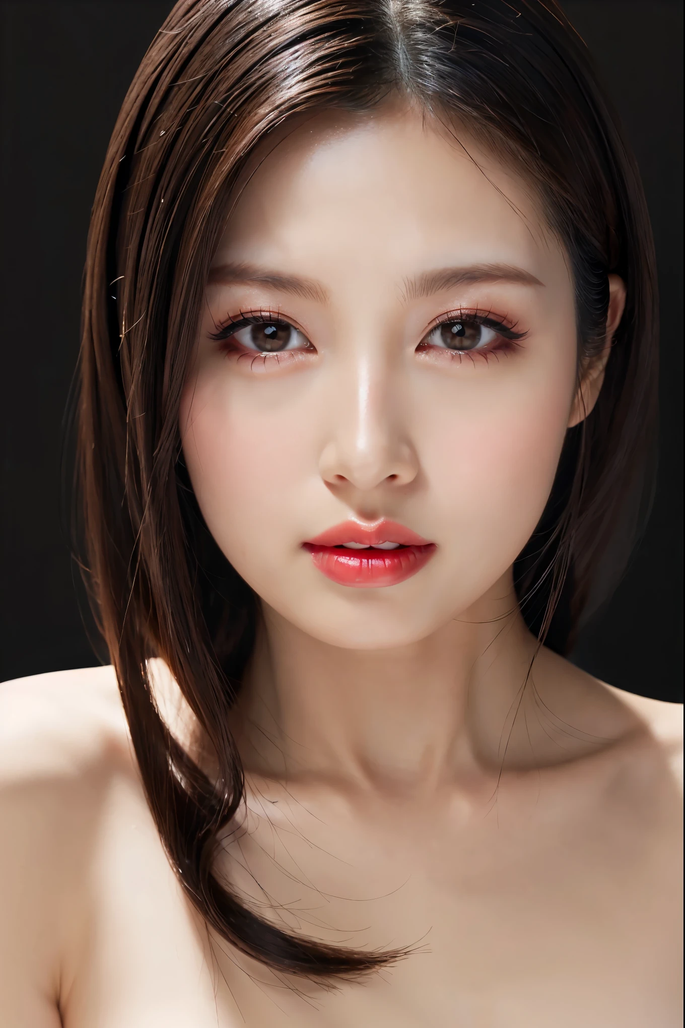 (Highest quality、Tabletop、8k、Best image quality、Award-winning works)、Cute beauty、(nude:1.5)、(The simplest pure black background:1.5)、(Face close-up:1.6)、Accentuate your body lines、Beautiful and exquisite、Expressionless、(look straight at me:1.1)、(stand upright facing forward:1.1)、(Perfect Makeup:1.1)、(Bright lipstick:1.1)、Ultra-high definition beauty face、Ultra HD Hair、Ultra HD Shining Eyes、Ultra-high quality, vibrant and glossy lip color、Accurate anatomy、Very beautiful skin、Ultra high resolution and beautiful, Glowing Skin、An elegant upright posture when viewed from the front、Sweaty skin、Hot face、Damp Hair、Moist Skin