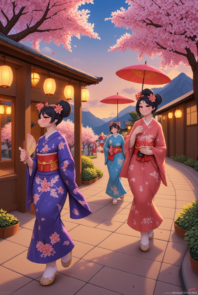  cartoon style :
at dusk,  in front of a charming traditional Japanese tea shop ,  the scenery lights up with the magical softness of the sunset Sun .  The store's façade is made of ancient, dark wood ,  filled with sculpted details and covered by a sloping roof ,  from which small paper lanterns hang slightly in the breeze .  The lanterns , adornadas com kanjis hand-painted,  emit a soft, orange light ,  while the first stars appear in the sky ,  creating a contrast between dusk and the beginning of the night .
 The parade It is composed of Japanese women elegantly dressed in dazzling kimonos .  Her kimonos are luxurious and detailed fabrics ,  with intricate patterns ranging from cherry blossoms to waves ,  birds and mountains ,  in rich shades of sapphire blue , deep red, golden and silver.  Each woman wears traditional hairstyles , as the *Shimada *,  decorated with fresh flowers ,  ornate combs and small gold ornaments that reflect light in small shiny spots.  Some hold delicate fans of paper , hand-painted,  while others carry bamboo and silk umbrellas ,  adorned with patterns that recall the surrounding landscape .
 As they walk ,  cherry blossom petals are blown by the wind ,  creating a pale pink rain that envelops women like an ethereal veil . In the background,  the sky is dyed in layers of gold and orange ,  with a light mist rising in the distance in the mountains ,  bringing a touch of mystery and serenity .  Cherry trees with hanging branches line the path ,  their delicate flowers shining under the reflection of the last sunlight . 
 The soft sounds of taiko ,  the Japanese drum ,  echo in the distance ,  together with the singing of small birds that return to their nests .  The atmosphere is impenetrable infused with the scent of freshly prepared tea and cherry blossoms ,  mixed with the light scent of the surrounding pine trees .  in Each element seems to flow in harmony . 