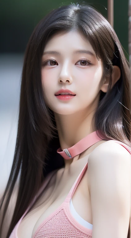 perfect figure beautiful woman：1.4，Layered Hair Style，Protruding cleavage，Pink two-dimensional clothing：1.5，Highly Detailed Face and Skin Textur，double eyelid，Whiten the skin，long whitr hair，playing water，Collar