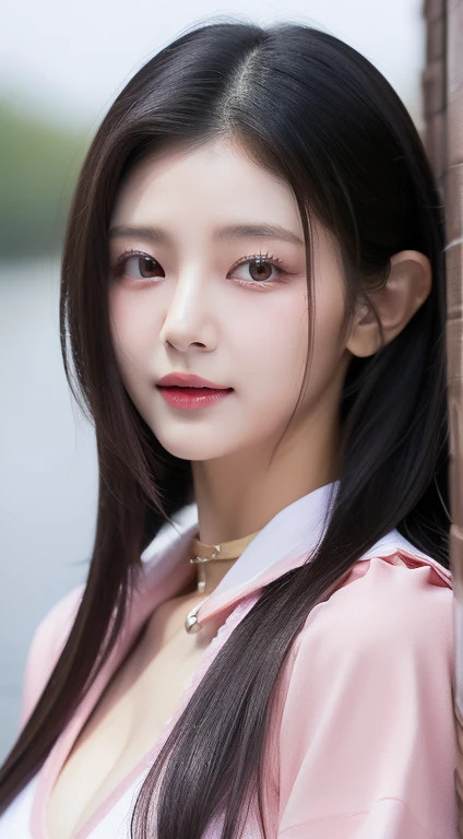 perfect figure beautiful woman：1.4，Layered Hair Style，Protruding cleavage，Pink two-dimensional clothing：1.5，Highly Detailed Face and Skin Textur，double eyelid，Whiten the skin，long whitr hair，playing water，Collar