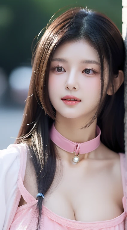 perfect figure beautiful woman：1.4，Layered Hair Style，Protruding cleavage，Pink two-dimensional clothing：1.5，Highly Detailed Face and Skin Textur，double eyelid，Whiten the skin，long whitr hair，playing water，Collar