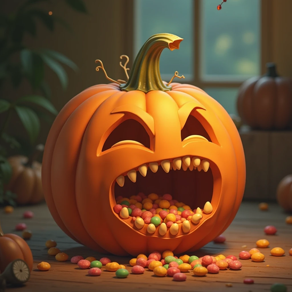 An animated scene of a living pumpkin eating candy,