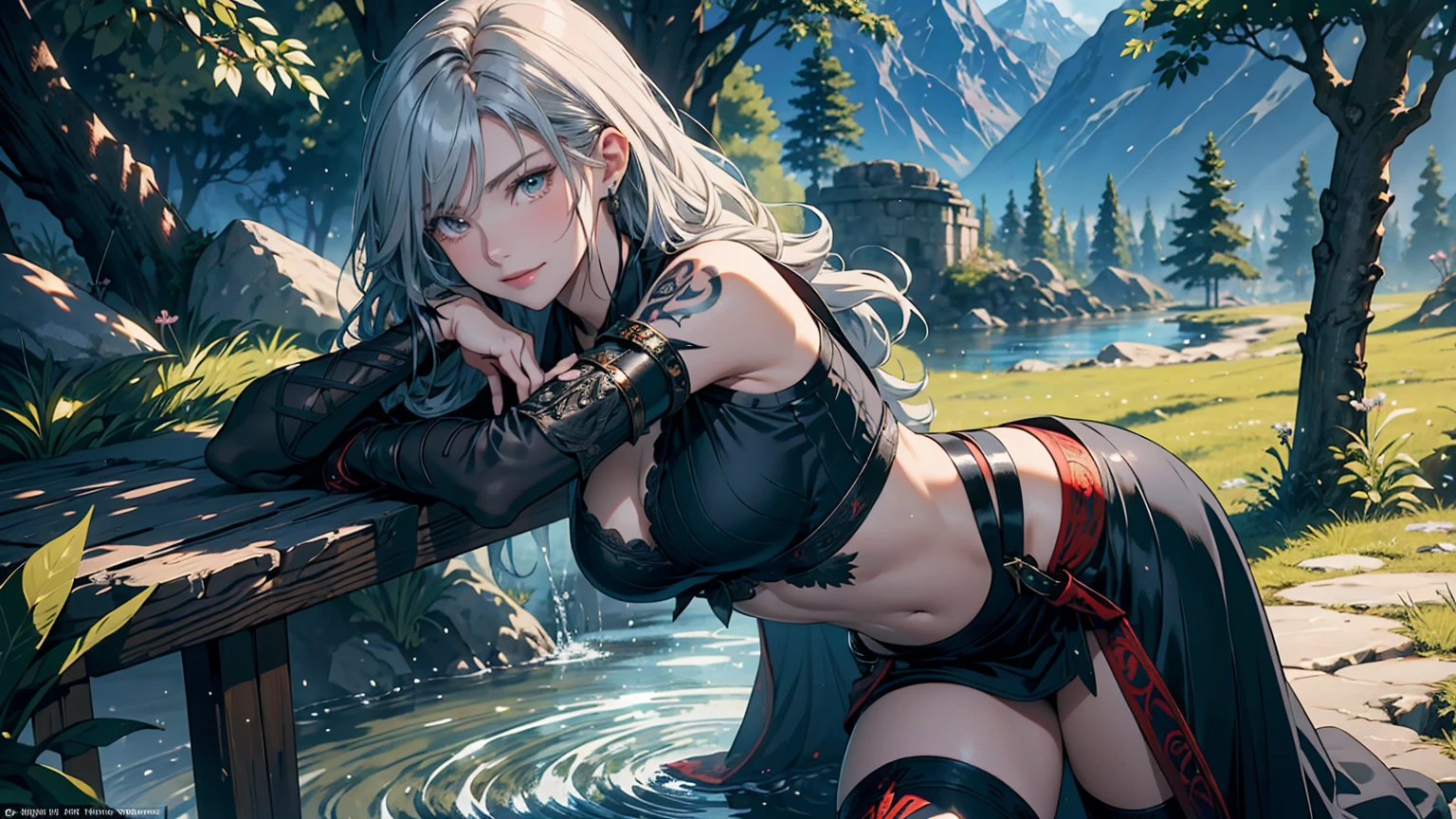 
Fantasy Anime Landscape Portrait: A high-resolution anime-style scene featuring a beautiful 22-year-old female warrior, confident and alone in a lush, open landscape. A striking warrior of goodness, her beauty and charm devoid of any trace of vulgarity. The only character represented in the image, depicted in an upright pose, either from the waist up or in full-body view, facing the viewer with a gentle smile and direct gaze. Long, flowing silver hair framing her face, bright eyes detailed and expressive, exuding strength and charm. Flawless, porcelain-smooth skin complementing delicate facial features, including a refined nose and soft, glossy lips.

An ultra-detailed illustration of a stunning supermodel-quality warrior, reminiscent of the elegance of Milla Jovovich. A captivating Fantasyland background, distant mountains, flowing rivers, and ancient ruins partially hidden by vibrant greenery. A dramatic sky with soft hues, creating vibrant contrast with the lush landscape. Detailed 8K resolution and HDR lighting highlighting her figure against the surroundings, high-contrast shadows adding depth.

Lightweight armor with intricate metal and leather details, showcasing her graceful form. Tattoos of red roses and ancient symbols adorning her arms, reflecting natural beauty and connection to the world around her. The scene capturing the warrior's enchanting appearance and rich details of her environment in an ultra-realistic, Genshin Impact-inspired anime style.

A perfect fantasy anime wallpaper enhanced by a beautiful sunny day in a coniferous forest, an enchanting atmosphere further enriched by soft anime tones and luminism, adding depth to the illustration. A three-dimensional sensation, showcasing the stunning warrior alone in a vast, open world filled with mountains, rivers, and ancient ruins, all captured with extreme detail and vibrant colors.