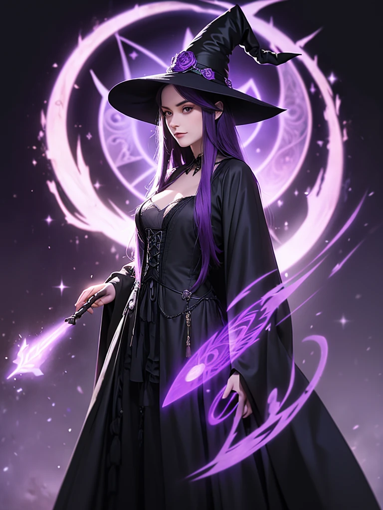 Long staff ，magic hat，Purple long Hair,witch, Black robe, Victorian style, Gothic Skirt, middle Ages,Purple Fire，long black dress，beautiful