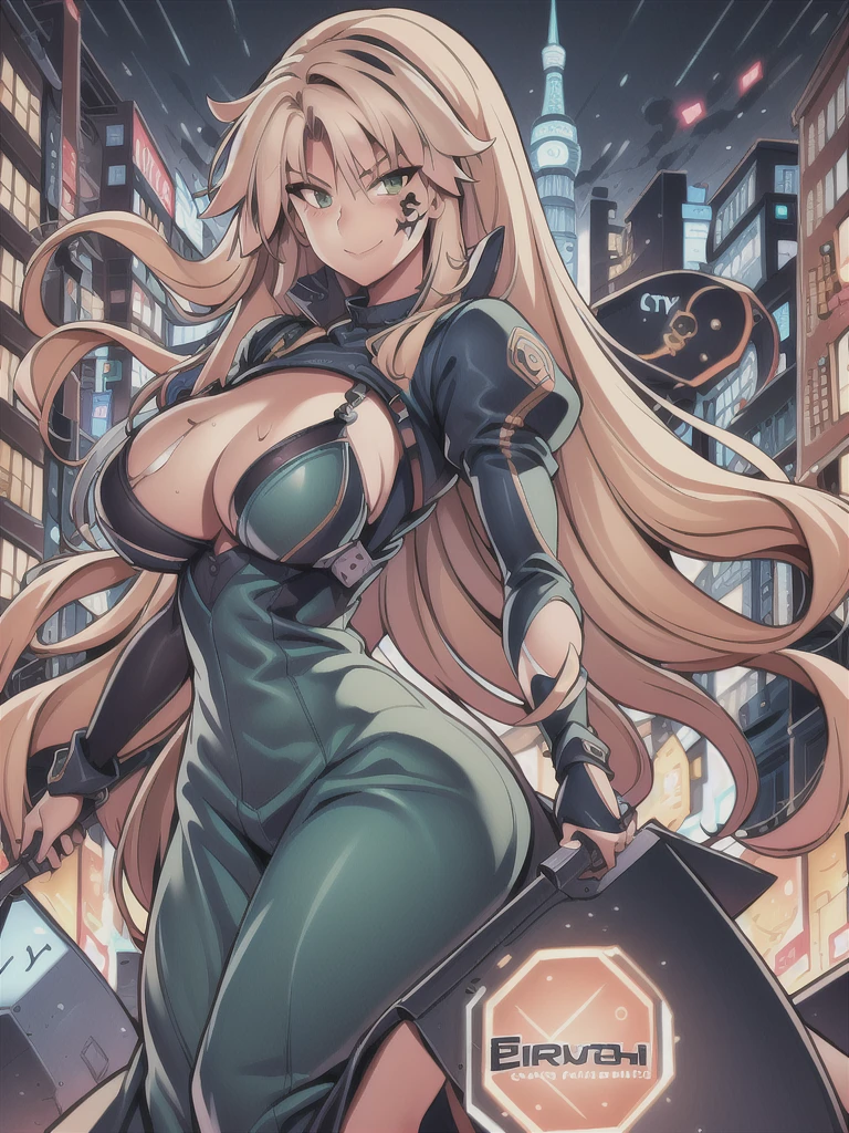 masterpiece,best quality,kim_kwang_hyun, 1girl,musashi , large breasts, large Long hair, Blueish-black hair, bangs, solo, big busty , large huge breasts, looking at viewer,  clear brown colored eyes, eye scar, Large Long hair, blueish-black hair, large huge breasts, long sleeves, dress, cleavage, closed mouth,weapon((Trident)), puffy sleeves, arm up, clothing cutout, copyright name, green dress, cleavage cutout, juliet sleeves , power armor, shoulder armor, large Long hair, blueish-black hair, city Smile, neon-green colored eye, eye scar