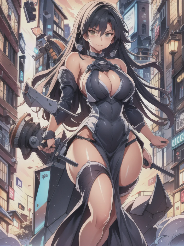 masterpiece,best quality,kim_kwang_hyun, 1girl,musashi , large breasts, large Long hair, Blueish-black hair, bangs, solo, big busty , large huge breasts, looking at viewer,  clear brown colored eyes, eye scar, Large Long hair, blueish-black hair, large huge breasts, long sleeves, dress, cleavage, closed mouth,weapon((Trident)), puffy sleeves, arm up, clothing cutout, copyright name, green dress, cleavage cutout, juliet sleeves , power armor, shoulder armor, large Long hair, blueish-black hair, city Smile, neon-green colored eye, eye scar