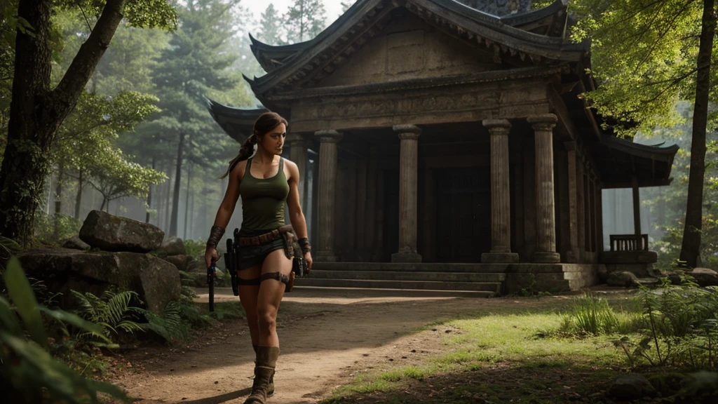 lara croft character, in front of a temple in the middle of a forest.