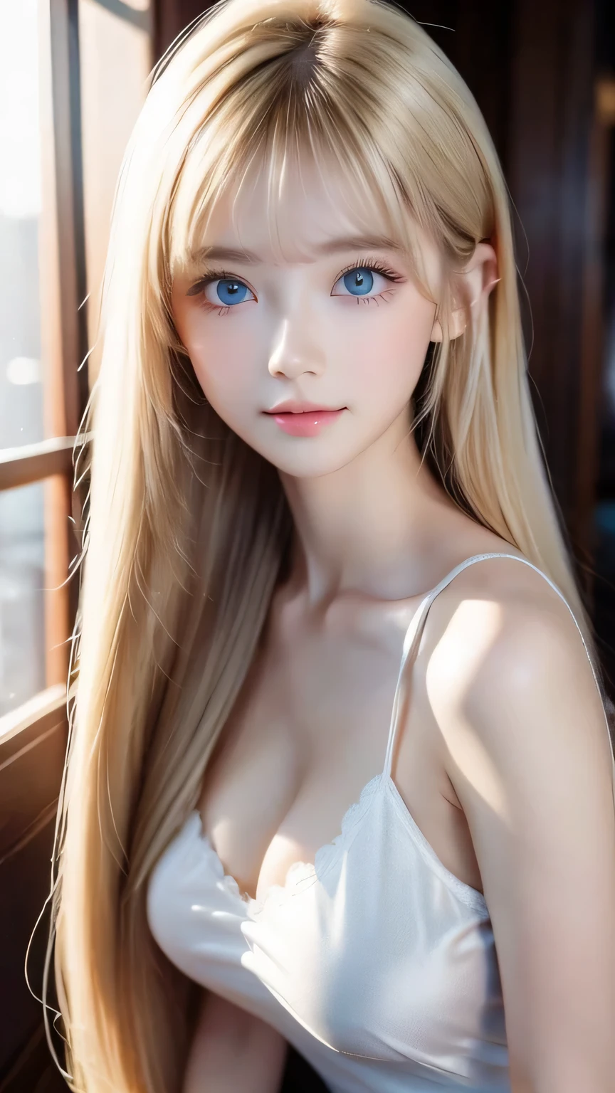 Clear White Glossy Skin 、 Style Hair Getting in the Way in Front of Her Cute Face 、Ample Bust、first time々A 20-year-old cute, beautiful girl with a good-looking young face、 beautiful straight hair that shines 、Big Breasts, Shining, very, very bright light blue eyes、 long silky bangs to cover her pretty eyes , Super Long Hair Sexy Cute Young Woman Long Natural Shiny Bright Blonde Hair