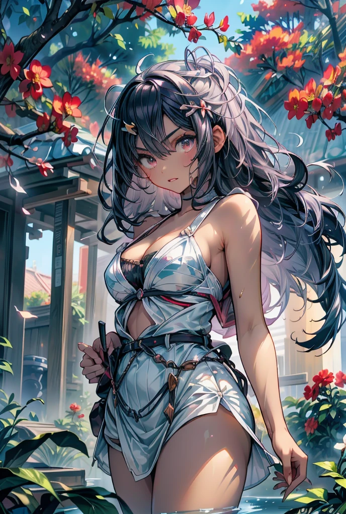 best quality:1.5), (ultra-detailed:1.5), (()), ((best quality)), (high resolution), (illustration), (an extremely delicate and beautiful), (ultra detailed beautiful face and eyes), 1girl, leaning forward sharp focus, ray tracing, 1girl, silky hair, multicolored hair, Whitehair(innercolorCherryblossom )background(sakura tree, fantasy ), eye color(White pink, high definition,)inner eye (sakura),volumetric lightning, super_long_hair,naked looking_all(score_9:1.2), (score_8_up:1.2), (score_7_up:1.2),solo,Perfect anatomy,(one cute girl:1.3),(Line art:1.3),(Soft atmosphere:1.3),perfect anatomy,(A soft anime-style image capturing a delicate and ephemeral atmosphere),Enhance the anime screencap by adding a watercolor background, further elevating the dreamy and ethereal aesthetic. This scene, now rendered in 16k wallpaper resolution, merges the delicate beauty of the girl with pale skin and natural hair with a soft, lush watercolor landscape.The natural big breast  ,super intricately designed transparent hentai 
dress ,lingerie and her captivating eyes are set against a backdrop that mimics the fluid, blending colors of a watercolor painting, adding a layer of artistic depth and emotion. The perspective from above at a dutch angle, combined with the watercolor effect, creates a composition that feels like a floating, dream-like world, glowing aura around her are now part of a canvas that blends reality with imagination, inviting the viewer to step into a tranquil world of soft hues and poetic beauty, all encapsulated within a serene, BREAK,(best quality:1.3),(best masterpiece:1.3),(very aesthetic:1.2),(absurdres:1.2),newest,(intricate details:1.2),ai-generated,absurdres extremely detailed CG,depth of field,dynamic angle,dynamic pose、groin、have a heavy  weapon(sword)
muscular female, fit, abs, leg muscles, arm muscle、