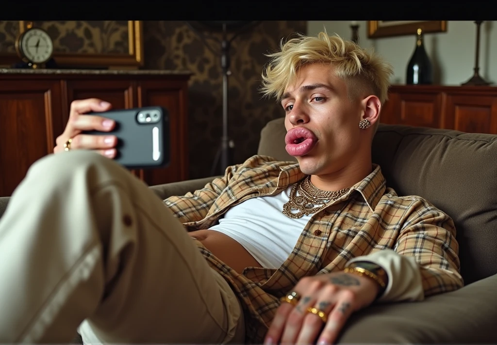 Masterpiese, best quality, man, Handsome，man, Baggy pants，Street fashion，1，Blonde，center-parted hairstyle , tattoo, Double eyelids，looking away , Headphones, lying on a bed with a natural curve in the body , viewed from the side, with a playful expression, sticking out his tongue and eating ice cream, with the ice cream and tongue looking natural , dressed in early 2000s Y2K street fashion