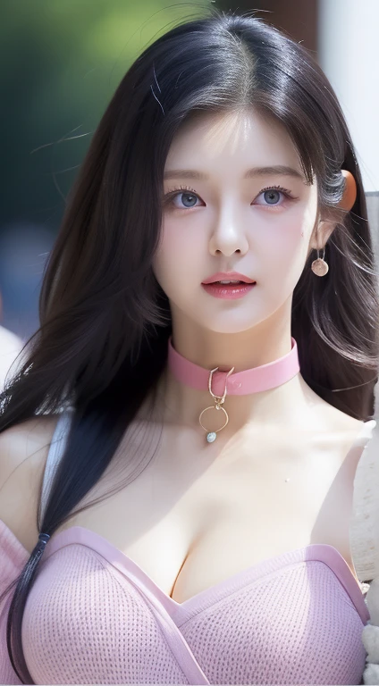 perfect figure beautiful woman：1.4，Layered Hair Style，Protruding cleavage，Pink two-dimensional clothing：1.5，Highly Detailed Face and Skin Textur，double eyelid，Whiten the skin，long whitr hair，playing water，Collar, purple blue eyes, bambi eyes