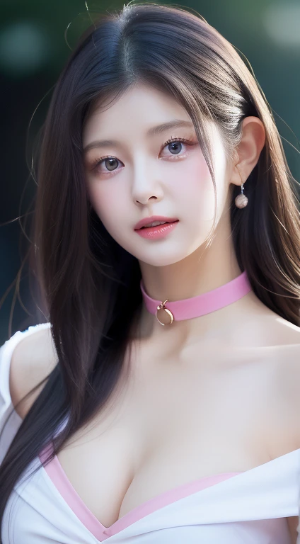 perfect figure beautiful woman：1.4，Layered Hair Style，Protruding cleavage，Pink two-dimensional clothing：1.5，Highly Detailed Face and Skin Textur，double eyelid，Whiten the skin，long whitr hair，playing water，Collar, purple blue eyes, bambi eyes