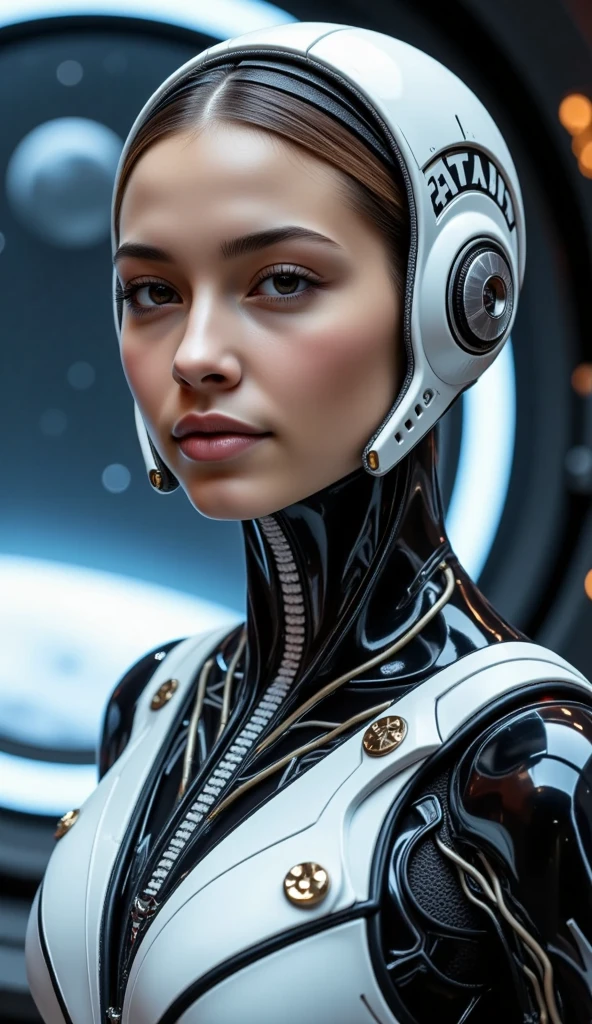 Realistic cyborg female face concept in exoskeleton on spaceship background, shot on 35mm objective, 4k style, highest quality.