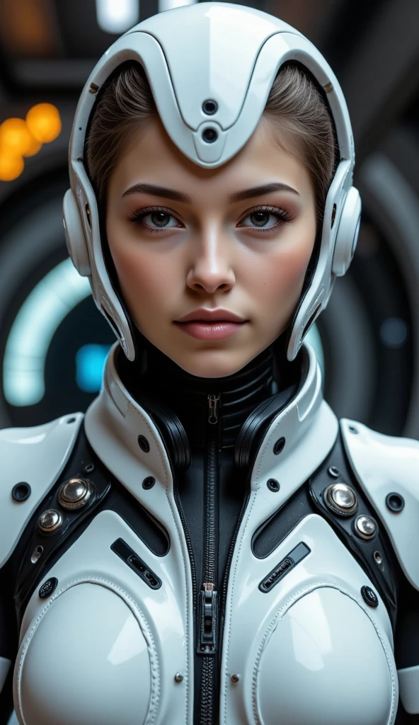 Realistic cyborg female face concept in exoskeleton on spaceship background, shot on 35mm objective, 4k style, highest quality.