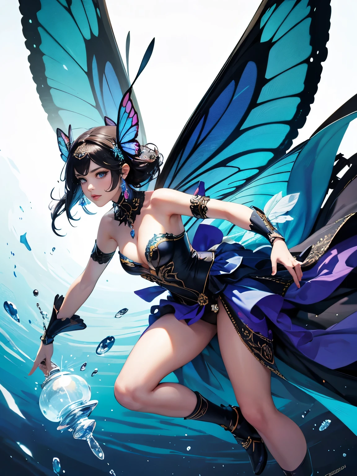 Woman with dark blue hair, butterfly wings, galaxy rainbow, leotard
