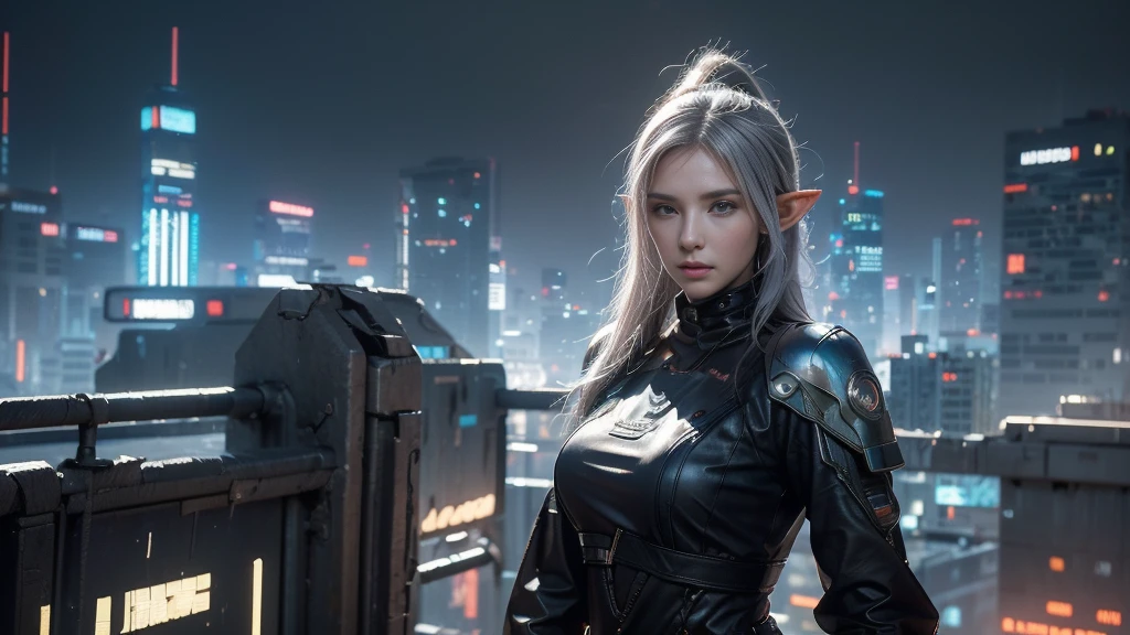 masterpiece, high resolution,8K,(Portrait Photos:1.5),(R Original Photo),Reality,Digital Photography,( fusion of cyberpunk and fantasy),(Female Soldiers),20-year-old female elf,(Big , Accessories, close your mouth ,Elegant and charming,Serious and arrogant,Calm and handsome,Combination of cyberpunk and fantasy style clothing,Hollow carving design,Big ，Combined Armor,Photo poses,Realistic style,oc rendering reflection texture，sentry，Cyberpunk-style future city，Standing on the roof，Medium distance photography，Looking at the camera。