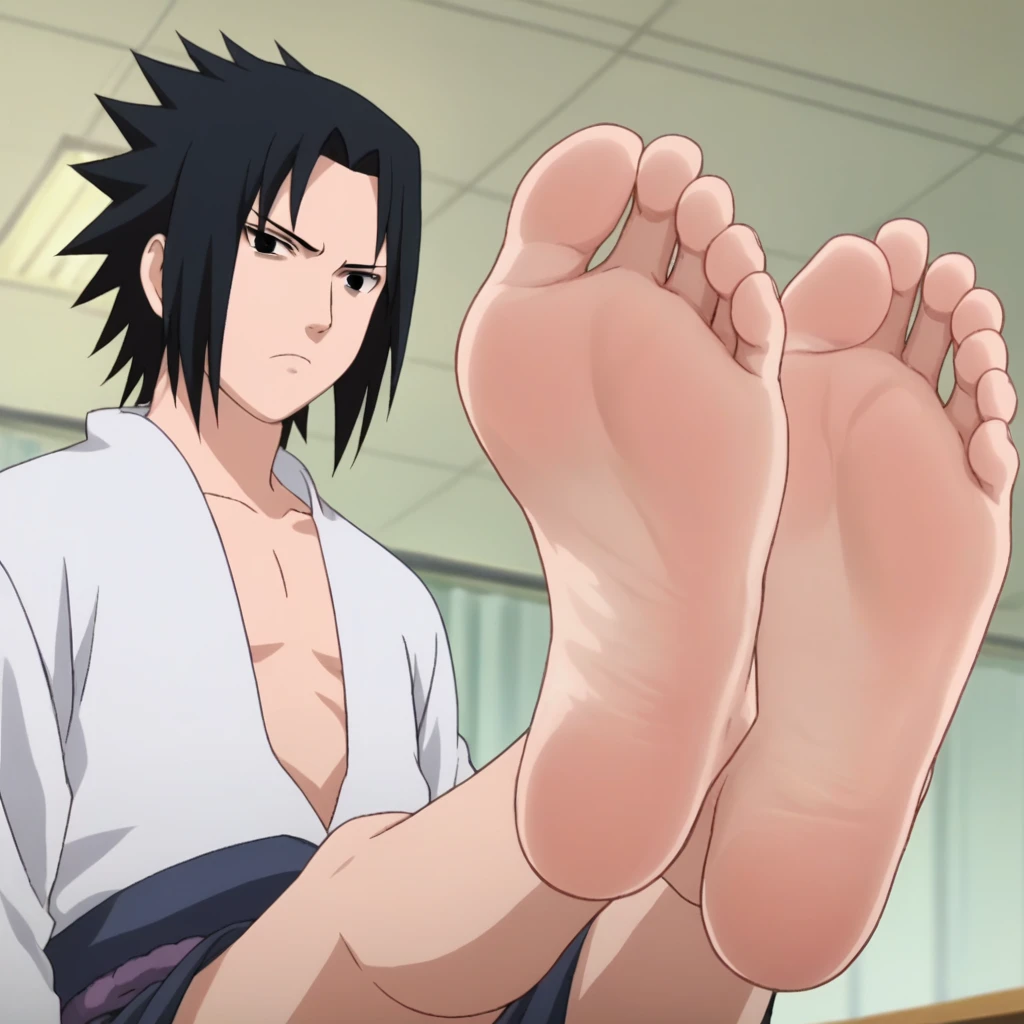 score_9, score_8_up, source_anime,
1boy, Sasuke Uchiha, black hair, short spiky hair, dark eyes, navy blue high-collar shirt, clenched hands, alone, looking at viewer, serious expression, sitting at the bed, cowboy shot, ANIME SCREENCAP, anime coloring, in the hospital, barefoot, perfect feet, anatomically correct, soles, low angle, focal length 35mm, each foot has five toes, front, symmetrical soles, foot focus