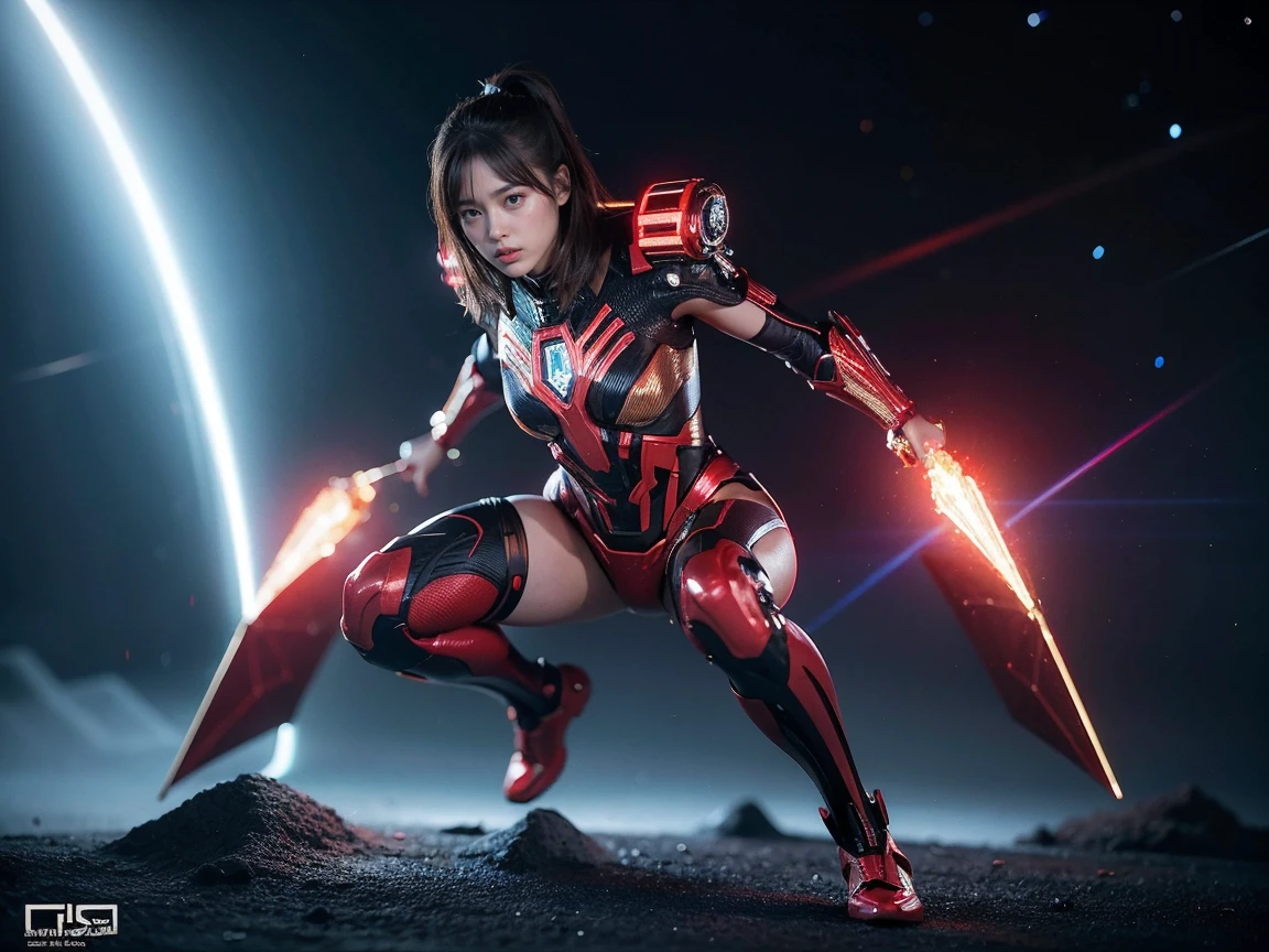 (RAW photo, Best Quality), (Realistic,  photorealistic:1.3),  1 girl、Full body photography、Realisticbody、red and gold combat suit 、 pyramidal spaceship from outer space、 countless laser beams 、Tron、Aurora、meteorite