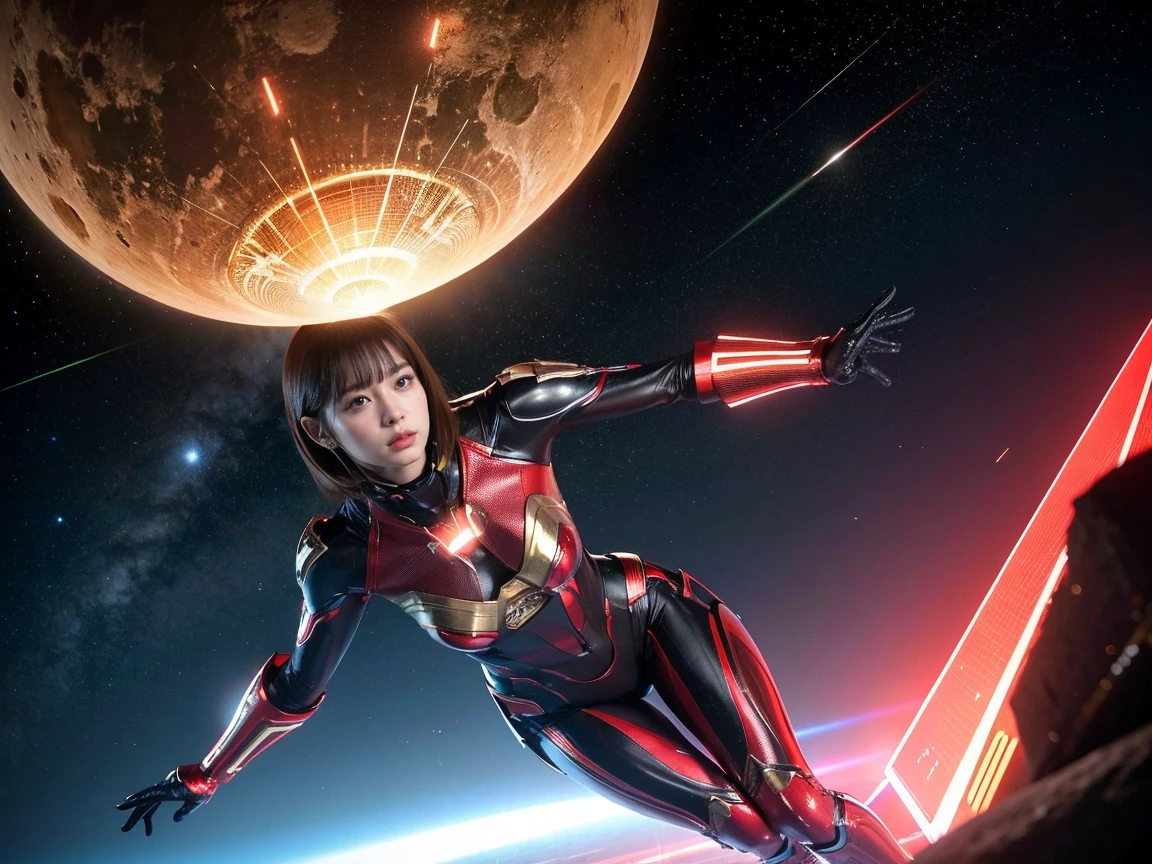 (RAW photo, Best Quality), (Realistic,  photorealistic:1.3),  1 girl、Full body photography、Realisticbody、red and gold combat suit 、 pyramidal spaceship from outer space、 countless laser beams 、Tron、Aurora、meteorite