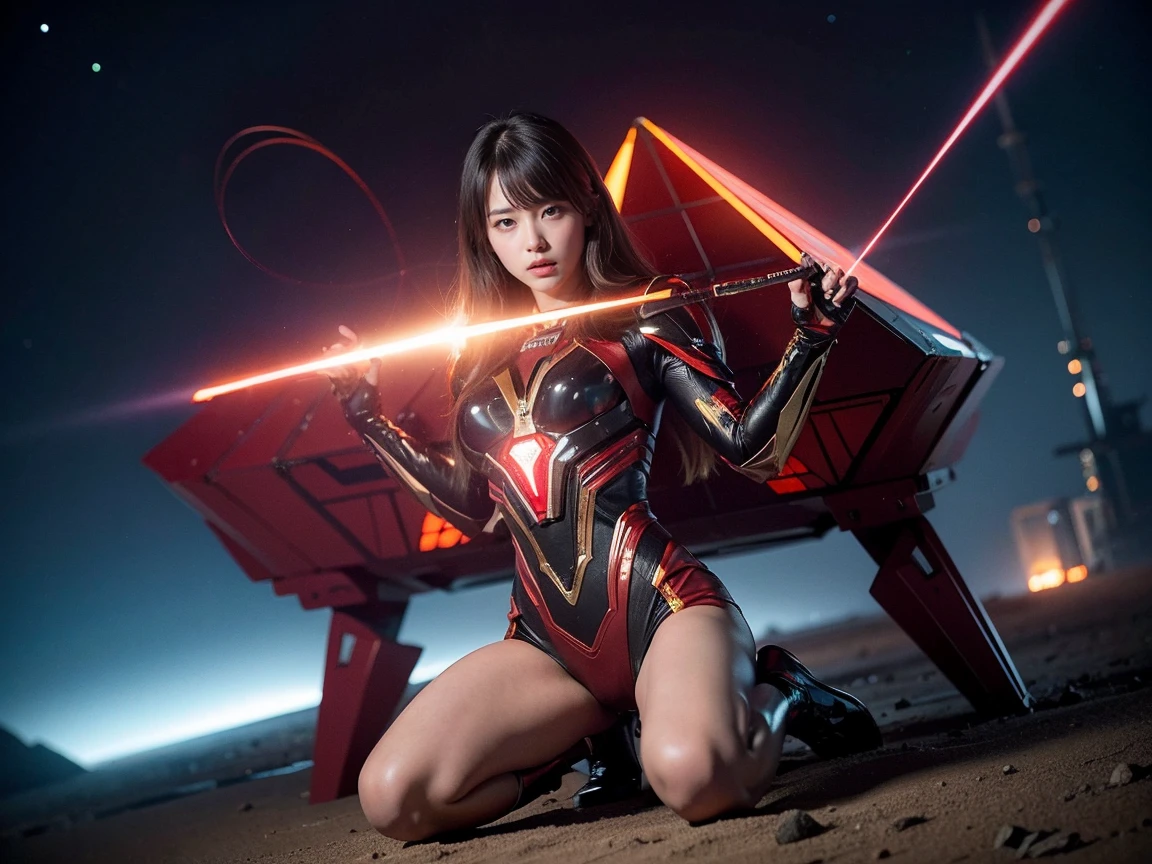 (RAW photo, Best Quality), (Realistic,  photorealistic:1.3),  1 girl、Full body photography、Realisticbody、red and gold combat suit 、 pyramidal spaceship from outer space、 countless laser beams 、Tron、Aurora、meteorite