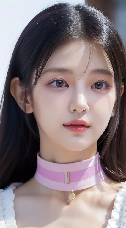 perfect figure beautiful woman：1.4，Layered Hair Style，Protruding cleavage，Pink two-dimensional clothing：1.5，Highly Detailed Face and Skin Textur，double eyelid，Whiten the skin，long whitr hair，playing water，Collar, purple lilac eyes, bambi eyes