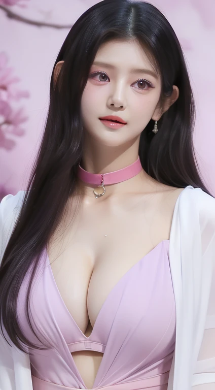 perfect figure beautiful woman：1.4，Layered Hair Style，Protruding cleavage，Pink two-dimensional clothing：1.5，Highly Detailed Face and Skin Textur，double eyelid，Whiten the skin，long whitr hair，playing water，Collar, purple lilac eyes, bambi eyes