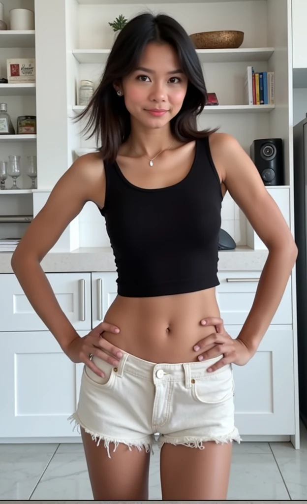 ((Obra maestra:1.3)), ((La mejor calidad:1.3)), ((ultra_Detallado:1.3)), Dama de gran belleza, cabello rojo cobrizo, con piel suave y clara, con un sutil cuerpo de modelo, brazos delgados, hiperrealista, persona real, Real design. Lleva puesto una blusa celeste claro con botones azules; y unos pantalones de jean azul claro y un poco desgastados. En su rostro tiene esbozada una sonrisa, pero sin que se vean sus dientes. He has a smiling and cheerful face. Lugar: Room with dim light and industrial design, bien decorado. Tomado con Sony Alpha a9 II and Sony FE 200-600mm f/5.6-6.3 G OSS lens, luz natural, hyper realistic photograph, ultra detailed –ar 3:2 –q 2 –s 750