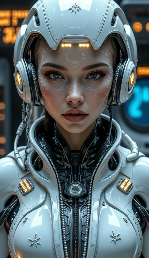 Realistic cyborg female face concept in exoskeleton on spaceship background, shot on 35mm objective, 4k style, highest quality.