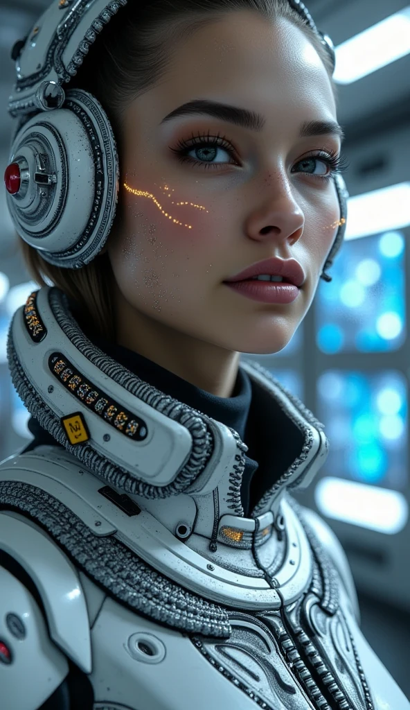 Realistic cyborg female face concept in exoskeleton on spaceship background, shot on 35mm objective, 4k style, highest quality.