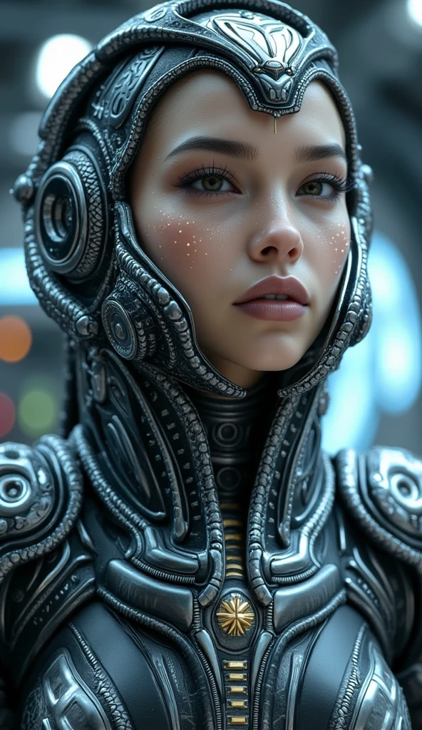 Realistic cyborg female face concept in exoskeleton on spaceship background, shot on 35mm objective, 4k style, highest quality.