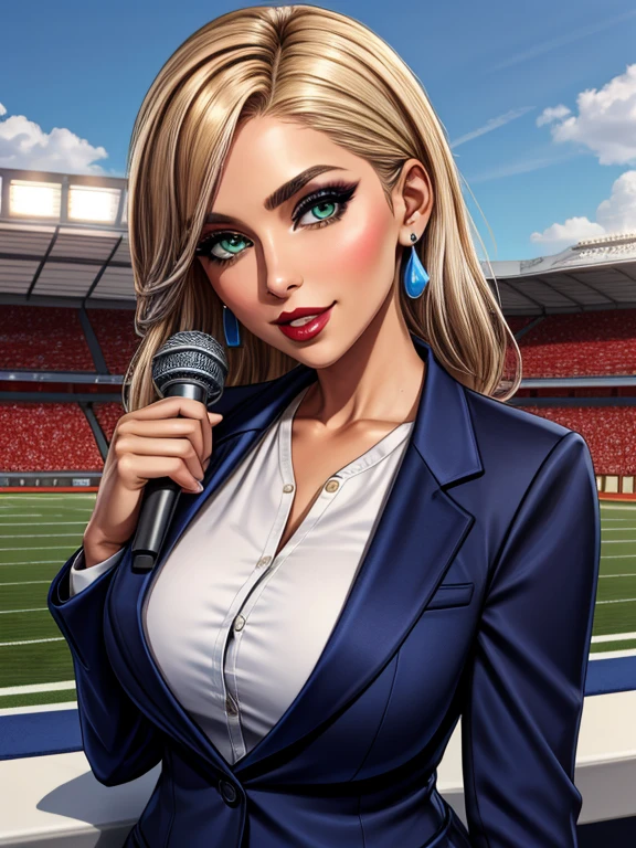 (masterpiece:1.2), best quality, high resolution, BREAK alluring 36-years-old woman, standing at approximately 5'1" tall, ((slim, petite)), ((Hourglass figure)), medium breasts, tan olive skin, straight blonde hair, green eyes, eyeshadow, mascara, red lipstick, BREAK ((Wearing a dark blue blazer with a dark blue pencil skirt and silver earrings)) BREAK She's a sports anchorwoman, she's holding a microphone, she's looking at the camera with a charming smile BREAK outdoors, Football stadium
