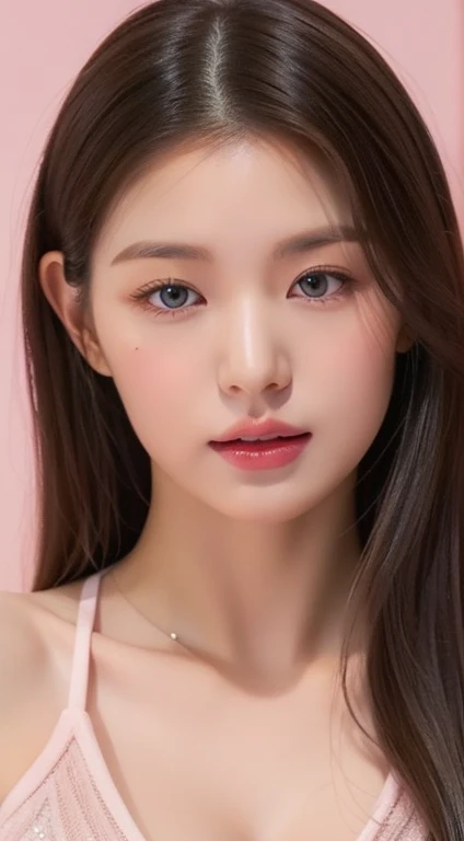 perfect figure beautiful woman：1.4，Layered Hair Style，Protruding cleavage，Pink two-dimensional clothing：1.5，Highly Detailed Face and Skin Textur，double eyelid，Whiten the skin，long whitr hair，playing water，Collar, pink lilac eyes, bambi eyes