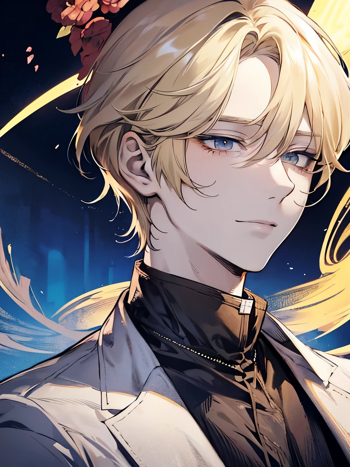 Solo, anime drawing of a man with blonde hair and a red eye, handsome anime pose, clean anime outlines, praying posture, side part bangs, medium hair length, anime portrait of a handsome man, male anime style, smirk facial