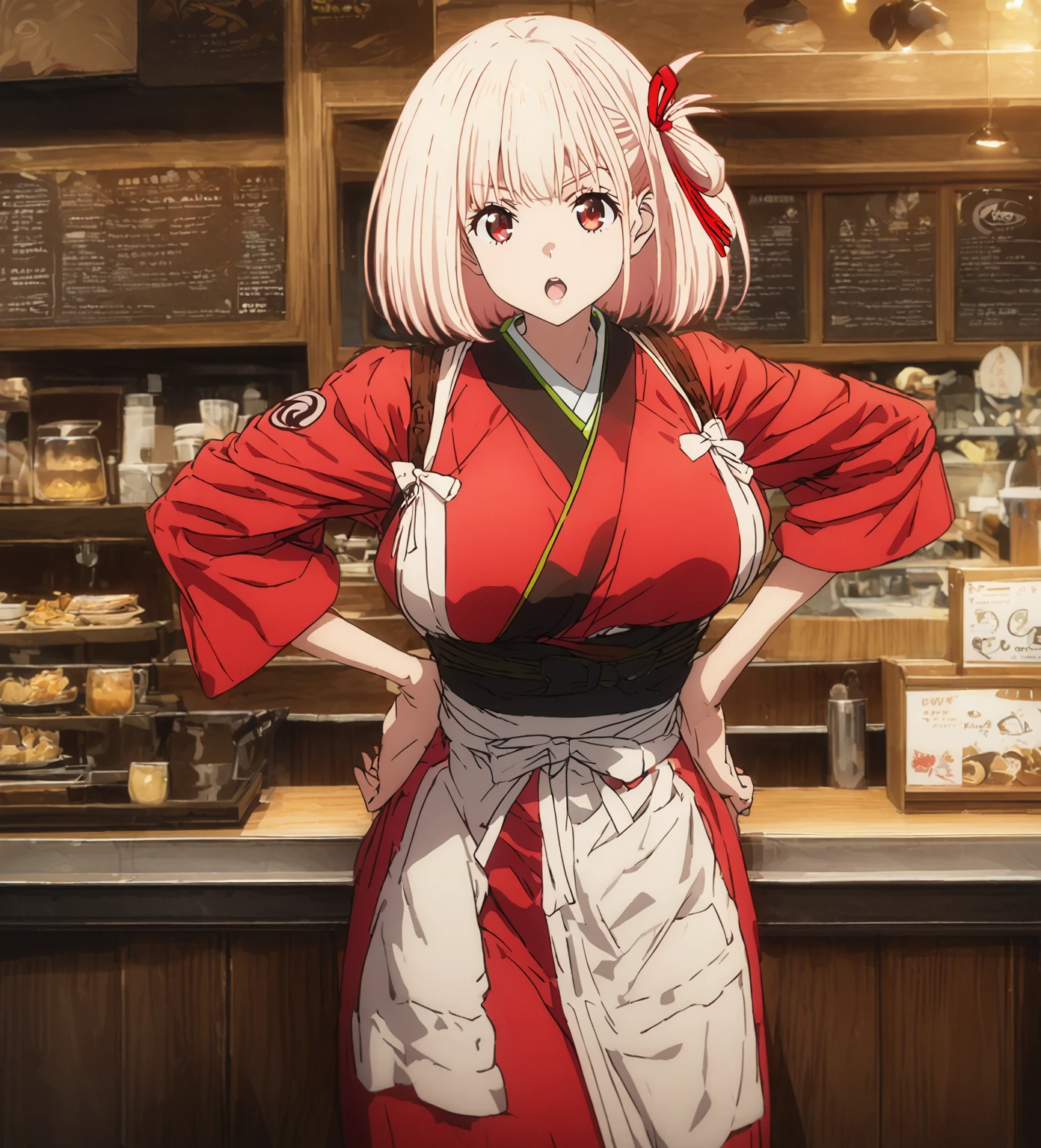 chisato nishikigi, short hair, bangs, blonde hair, red eyes, hair ribbon, one side up, bob cut, large breast, japanese clothes, kimono, apron, red ribbon, waitress, red kimono, open mouth, hands on hip, cafe, from front, looking viewer, wide shot, solo, alone, best quality, high quality, ultra-detailed, super detailed, high resoolution, hyper resolution, 8K, detailed background,