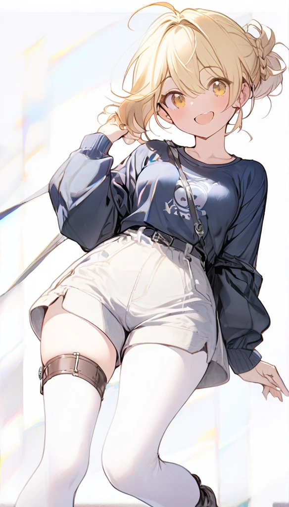 1 girl, a  happy, blonde hair,  undercut hairstyle with long bangs with a braid behind, with yellow eyes,  small breasts, slim, with wide hips, wearing a blue t-shirt with long sleeves ,  with a leather garter on the thigh , with shorts , with white tights without tip or heel  