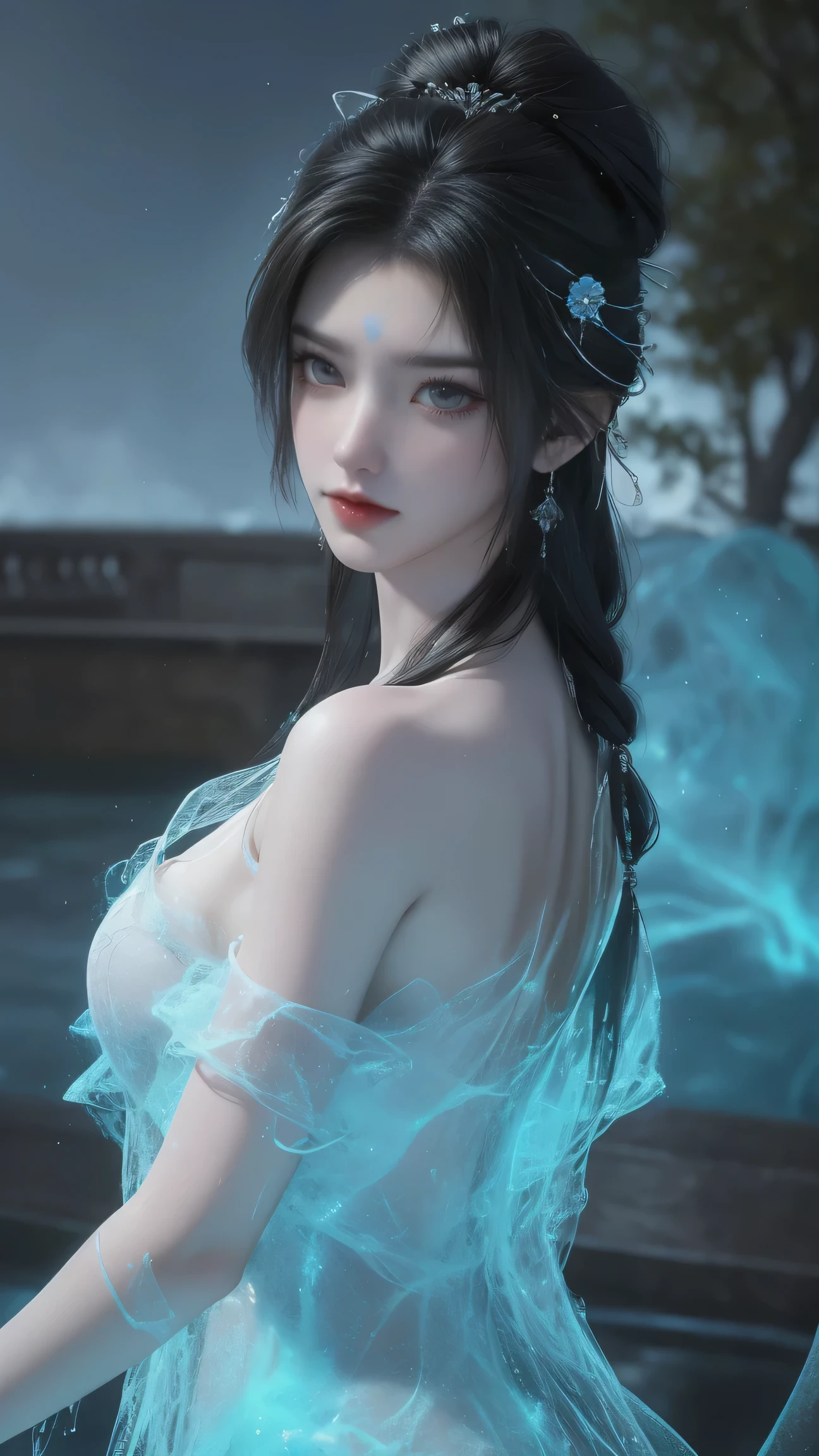light particles, halo, (bioluminescent:0.95), bioluminescent, piercing glare, vibrant, (((colourful))), color, (glowing, glow),ancient customs, wind blow, blossom, pond, night, moon relection in the pond, reflection light, depth of field, from behind, multiple views, delicated best quality ,masterpiece, illustration, an extremely delicate and beautiful, extremely detailed ,CG ,unity ,8k wallpaper, Amazing, finely detail, masterpiece,best quality,official art,extremely detailed CG unity 8k wallpaper,absurdres, incredibly absurdres, huge filesize , ultra-detailed, highres, extremely detailed,beautiful detailed girl, extremely detailed eyes and face, beautiful detailed eyes,light on face,1girl, (Super realistic), (black hair), (hair over one eye), (single braid hair), (rainbow eyes), ((hair ornament)), ((jewelry)), (hair jewelry), (((describe the arm in detail))), (((Super ))), ((sagging breasts)), ((Plump body)), (thighs), ((Plump )),, (detailed description of hair), ((upper body)), (Bare shoulder), ((collarbone)), (off shoulder), (Shiny skin), (detailed description of face), (Extremely detailed description of the eyes), (detailed description of body), (white and translucent skin), peerless beauty, (extreme beauty), (red lips), (shy ), (seductive smile), ((gothic tia dress)), (every pose),(smiling)