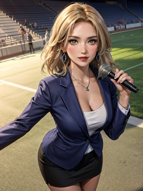 (masterpiece:1.2), best quality, high resolution, BREAK alluring 36-years-old woman, standing at approximately 5'1" tall, ((slim, petite)), ((Hourglass figure)), medium breasts, tan olive skin, straight blonde hair, green eyes, eyeshadow, mascara, red lipstick, BREAK ((Wearing a dark blue blazer with a dark blue pencil skirt and silver earrings)) BREAK She's a sports anchorwoman, she's holding a microphone, she's looking at the camera with a charming smile BREAK outdoors, Football stadium
