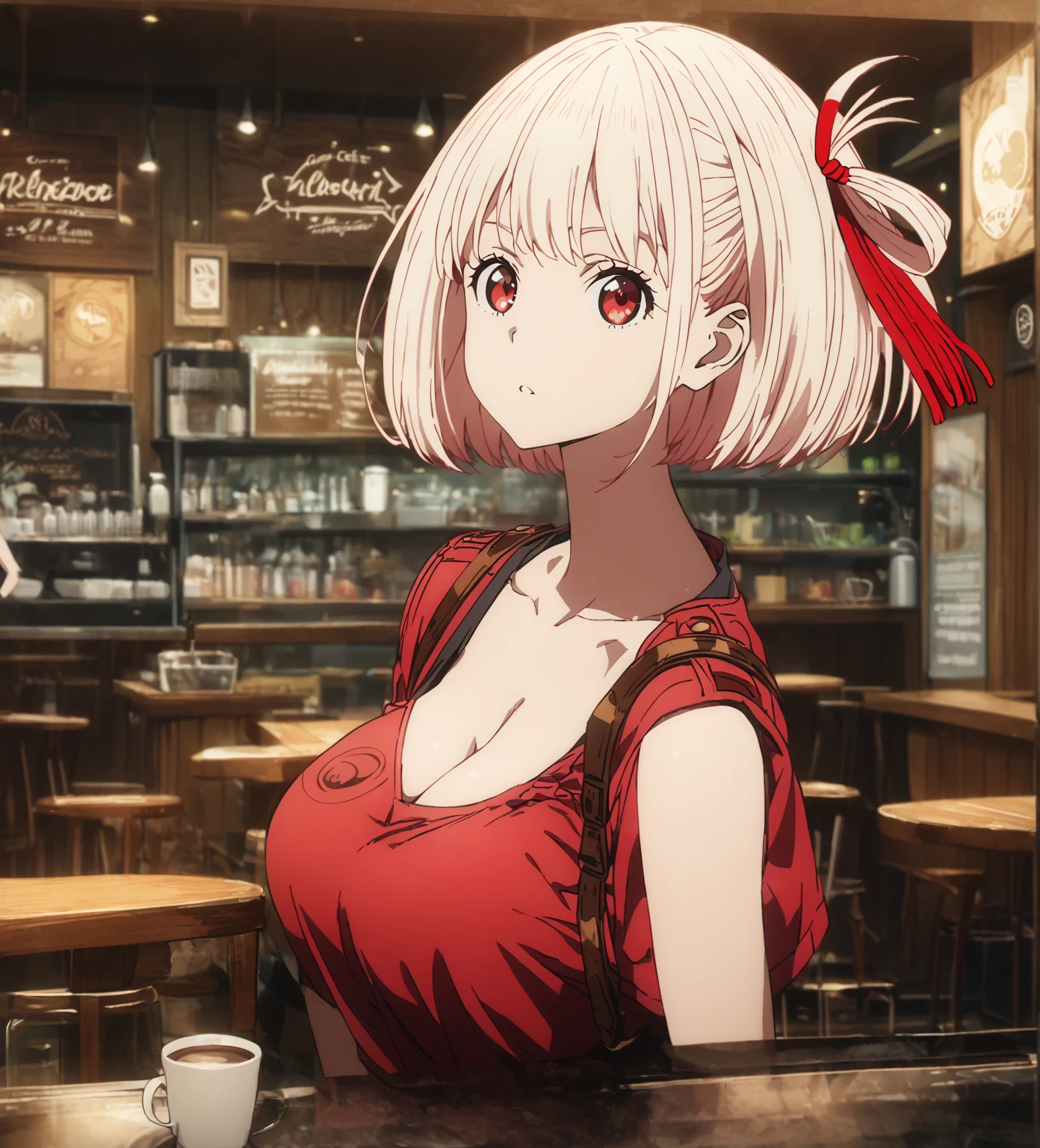 chisato nishikigi, short hair, bangs, blonde hair, red eyes, hair ribbon, one side up, bob cut, large breast, cleavage, cafe, from front, looking viewer, wide shot, solo, alone, best quality, high quality, ultra-detailed, super detailed, high resoolution, hyper resolution, 8K, detailed background,