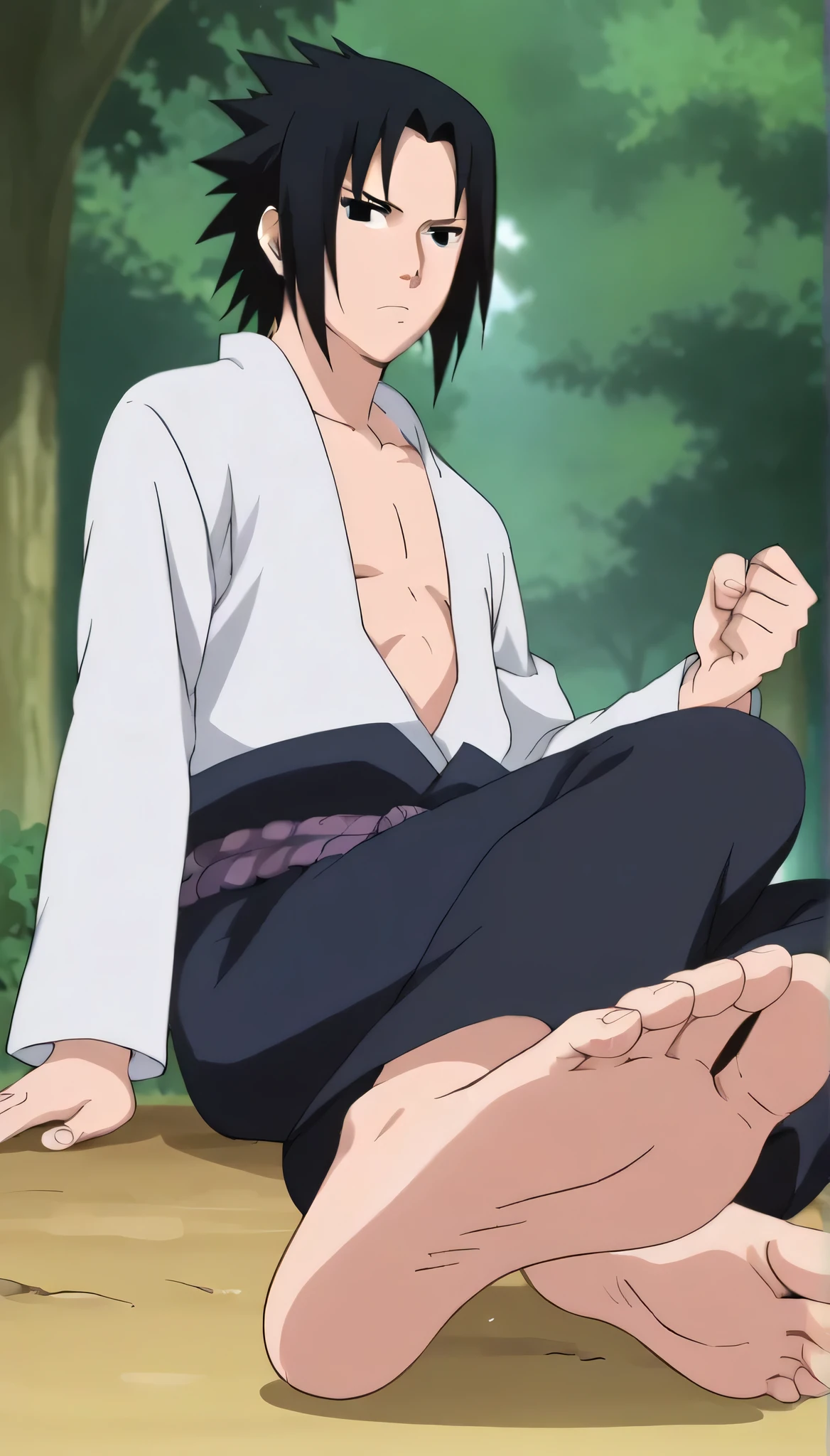 score_9, score_8_up, source_anime,
1boy, Sasuke Uchiha, black hair, longer spiky hair, dark eyes, clenched hands, alone, looking at viewer, serious expression, sitting on the ground, cowboy shot, ANIME SCREENCAP, anime coloring, in a forest, barefoot, perfect feet, anatomically correct, soles, low angle, focal length 35mm, each foot has five toes, front, symmetrical soles, foot focus