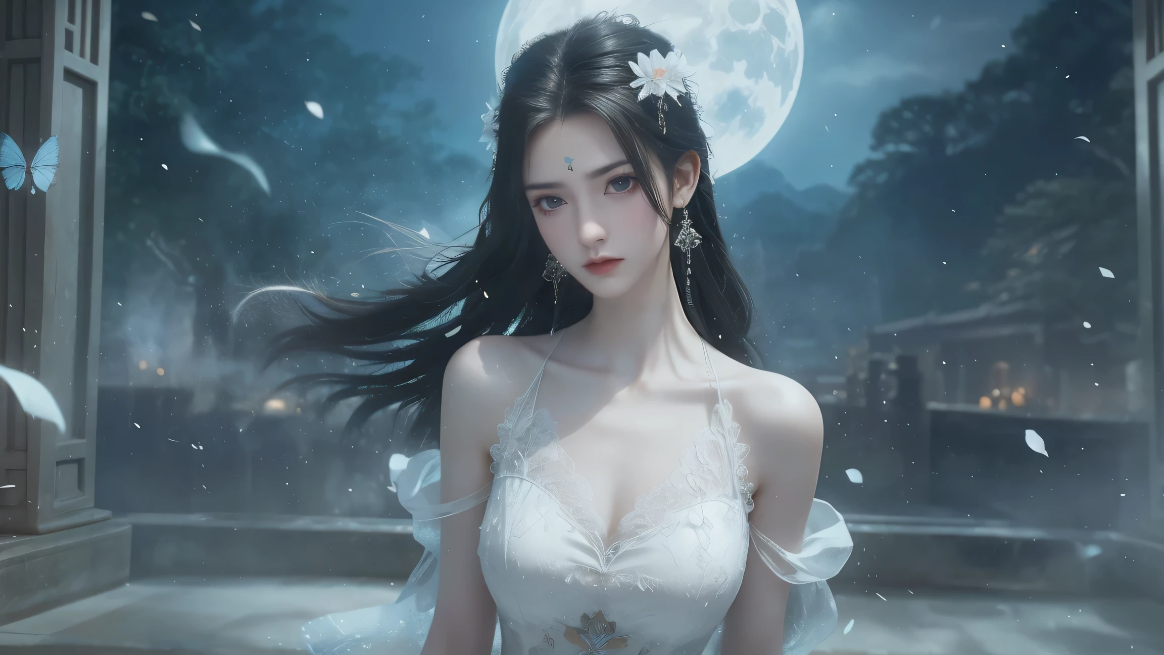 A beautiful woman with perfect curves wearing a long white dress that gently flutters in the air,The beautiful woman was standing in a sea of beautiful flowers surrounding her, Chinese traditional, her flexible body increasing with every movement, So enchanting, the dim candlelight, the glowing butterflies fighting the darkness of the night, the light of the moon, The night wind blowing the curtains, the white flower petals , flower petals flying around the room, Chinese dancing, This woman is so beautiful that she attracts everyone who watches her, ancient China, imperial empress