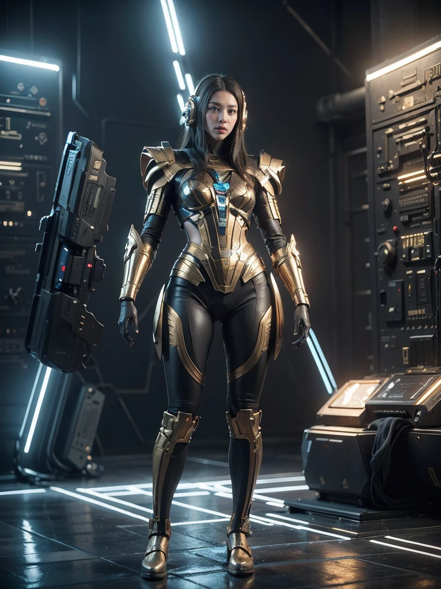 (RAW photo, Best Quality), (Realistic,  photorealistic:1.3),  1 girl、Full body photography、Realisticbody、golden combat suit 、 pyramidal spaceship from outer space、 countless laser beams 、Aurora、meteorite、Egypt