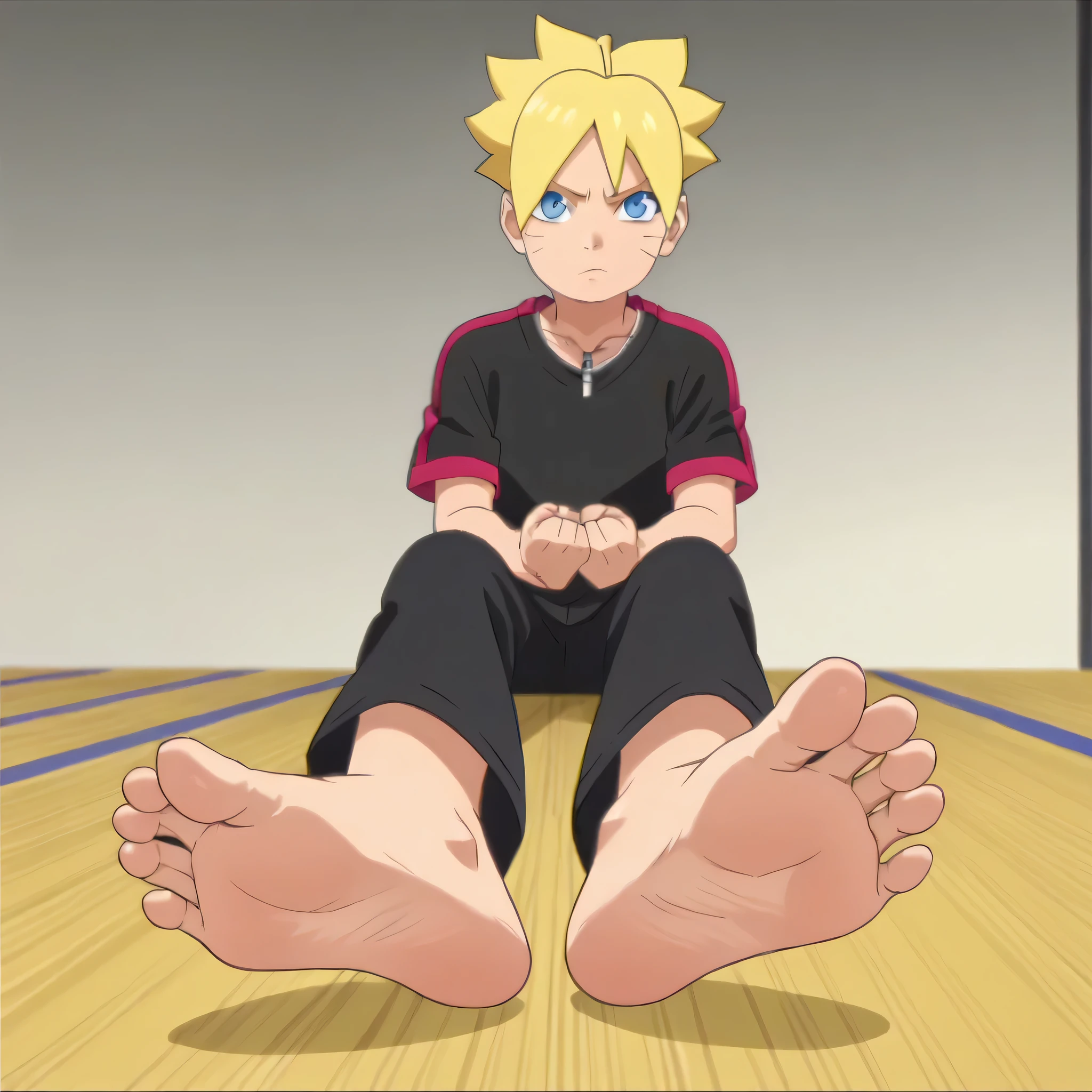 score_9, score_8_up, source_anime,
1boy, Boruto Uzumaki, spiky blonde hair, blue eyes, black hoodie, dark pants, short sleeves, clenched hands, alone, looking at viewer, confident expression, cowboy shot, ANIME SCREENCAP, anime coloring, in a training area, sitting on the ground, barefoot, perfect feet, anatomically correct, soles, low angle, focal length 35mm, each foot has five toes, front, symmetrical soles, foot focus