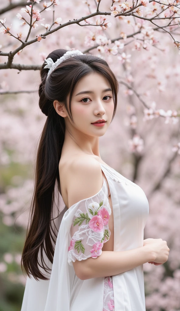 An elegantly painted young Chinese woman with fair skin wearing what appears to be traditional East Asian dress, possibly inspired by Hanfu or similar historical clothing. The dress is predominantly white with delicate floral embroidery on the sleeves and chest area, suggesting an elegant and possibly ceremonial setting. The individual has a hairstyle typically associated with classical beauty standards, with locks swept back from the face and decorated with a ribbon. The background is blurred, focusing attention on the subject, while the lighting highlights the texture of the fabric and the delicate details of the design.