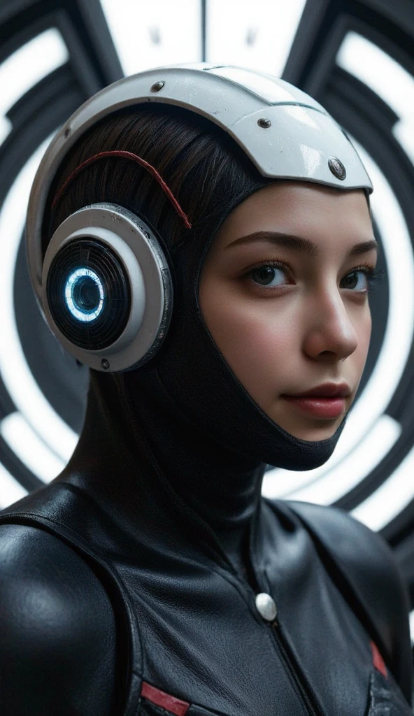 Realistic cyborg female face concept in exoskeleton on spaceship background, shot on 35mm objective, 4k style, highest quality.